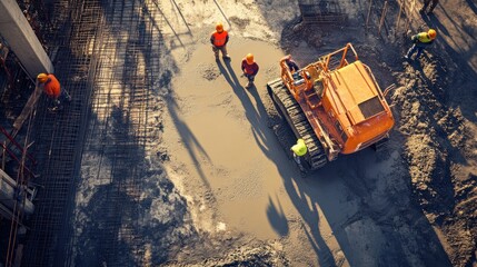 Canvas Print - Construction workers operating machinery on a site, pouring concrete for a foundation.