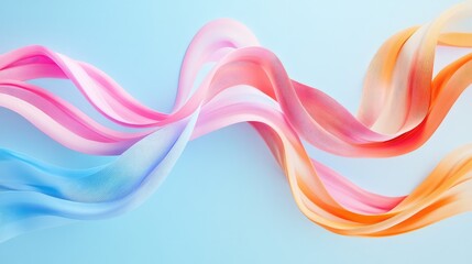 Wall Mural - Abstract ribbons in pink, blue, and orange swirl gracefully on a light blue background, creating fluid movement. No people.