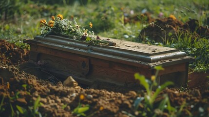 Wall Mural - With a lowering mechanism and a background of grass and dirt an older wooden casket is being lowered into a grave throughout a memorial service