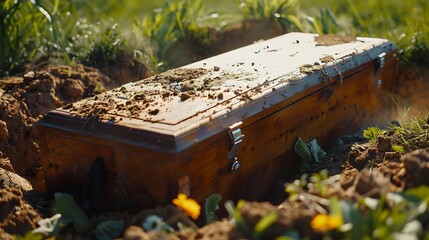 Wall Mural - With a lowering mechanism and a background of grass and dirt an older wooden casket is being lowered into a grave throughout a memorial service