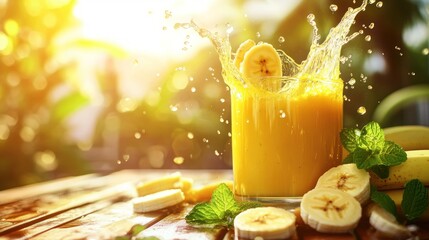 Poster - A refreshing banana smoothie splashes in a glass, surrounded by fresh bananas and mint leaves.