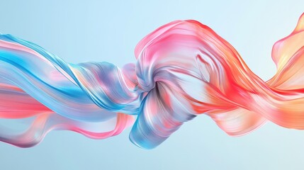 Wall Mural - Abstract ribbons in pink, blue, and orange swirl dynamically across a light blue background, creating fluid motion. No people.