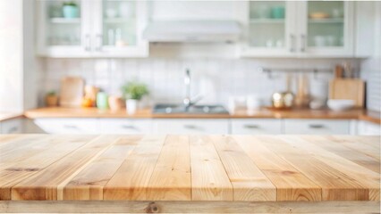 A wooden countertop in a kitchen with white cabinets, featuring a blurred background for product display and design layout.
