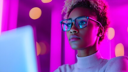 Focused woman working on a laptop in vibrant lighting