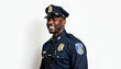 © abu - Portrait of a confident NYPD police officer in uniform, set against a vibrant New York City background.