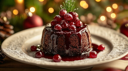 Christmas pudding with cherries and festive decoration for New Year and Christmas celebration