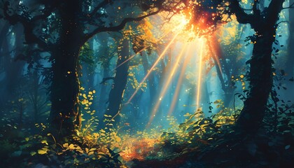 Enchanted forest illuminated by ethereal light and vibrant foliage