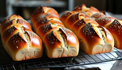 Wall Mural - Warm artisan bread cooling on a rustic rack, exuding a delightful aroma and golden crust.