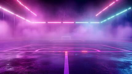 Poster - textured soccer game field with neon fog center, midfield, 3D Illustration