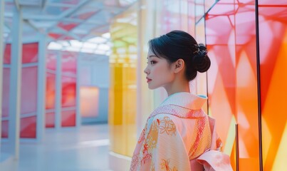 Woman in a floral kimono standing in colorful room.