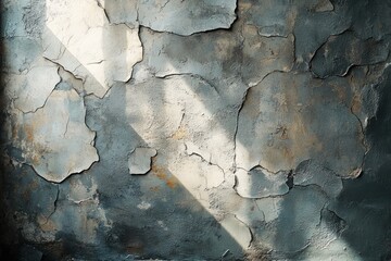 Wall Mural - A close-up of a cracked, weathered concrete wall illuminated by a diagonal beam of sunlight.