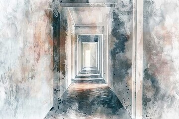 A serene watercolor painting of a long hallway with subtle details and soft colors