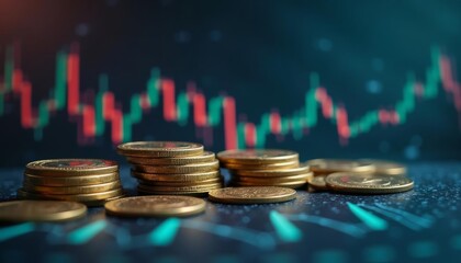  Financial success  A stack of gold coins with a backdrop of stock market charts