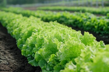 Field vegetable lettuce fresh organic farm. Close up hydroponic vegetable plantation green salad cultivate farm. Green oak lettuce salad in green Farm. Salad farm vegetable green oak - generative ai