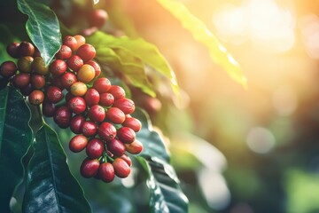 Ripe Red coffee bean berry plant fresh seed coffee tree growth in green eco organic farm. Close up red ripe seed robusta arabica berries harvest for coffee garden. Fresh coffee bean - generative ai