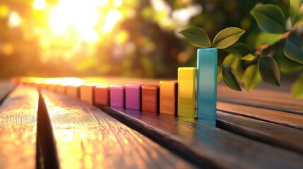 Aufkleber - Colorful Bar Chart With Green Leaf on Wooden Surface.