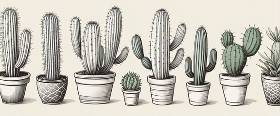 Wall Mural - Hand drawn cactus plant doodle set, illustration