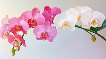 Wall Mural - Pink and White Orchid Flowers on a White Background.