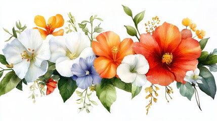 Wall Mural - Watercolor Floral Border with Orange, Red, White, and Blue Flowers.