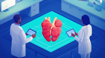 Poster - Scientists examining a 3D model of a human lung.