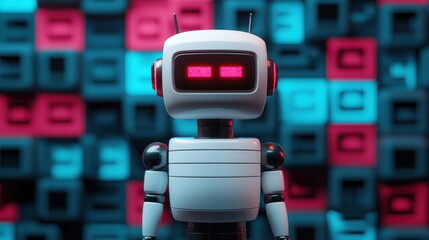 Poster - White Robot with Red Eyes in a Colorful Background.
