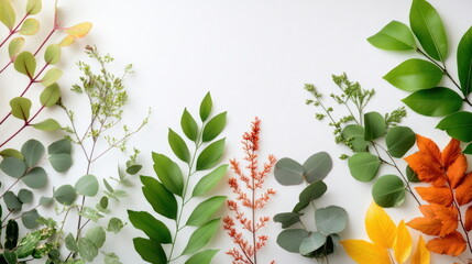 Poster - Green and Orange Leaves on White Background.