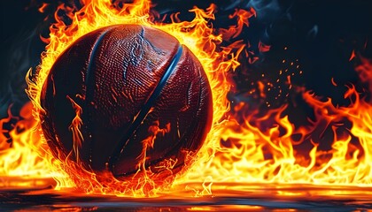 Wall Mural - Dynamic basketball engulfed in flames, capturing intense energy and power in sports imagery.