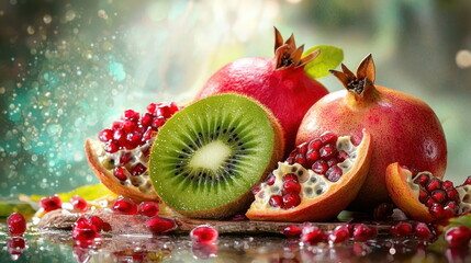 Wall Mural - Fresh Pomegranates and Kiwi Fruit.