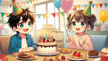 Canvas Print - Anime-style children celebrating a birthday with a cake, surrounded by colorful party decorations and food, in a joyful and lively atmosphere