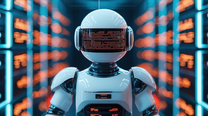 Aufkleber - Futuristic Robot with Digital Display in Server Room.