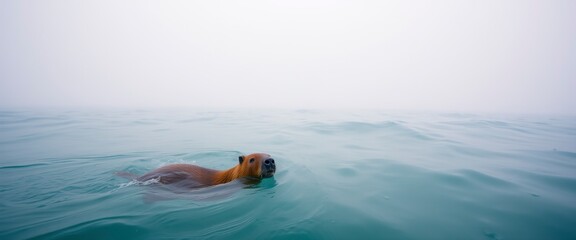 A cute capybara swimming in the ocean, Portra 400, wide angle shot, majestic fog