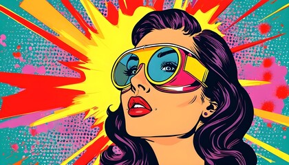 Vibrant pop art portrait of a goggled woman against a colorful explosion backdrop in retro comic style