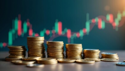  Prosperity in motion  A stack of gold coins with a blurred stock market chart in the background