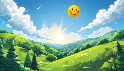 Wall Mural - Joyful cartoon scenery featuring vibrant hills, friendly trees, a beaming sun, and fluffy clouds against a clear blue sky