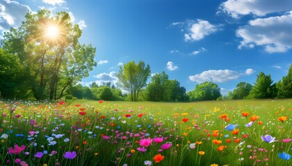 Wall Mural - Vibrant meadow filled with colorful flowers and lush green trees beneath a bright blue sky, embodying the essence of spring and summer nature.