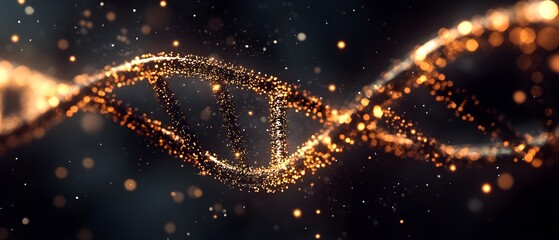 Poster - Glowing DNA Strand with Sparkling Particles in Dark Background
