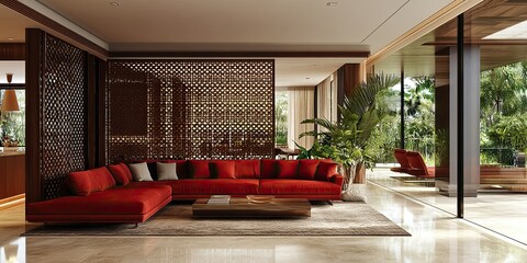 modern open plan room with luxury red soft sofa and elegant wooden partition with intricate carving 