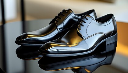 Wall Mural - Elegant black leather formal shoes with a reflective finish, embodying modern fashion and sophistication for professional attire.