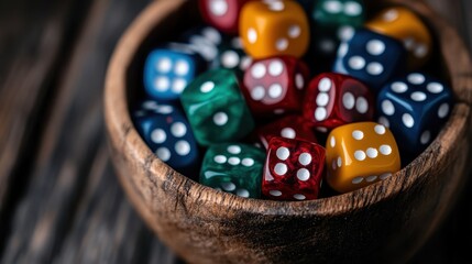 A wooden bowl filled with vibrant multicolored dice, each displaying different numbers, placed on a dark textured surface, capturing a playful gaming vibe.