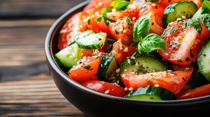 A nutritious mix of fresh tomatoes and cucumbers with herbs and seeds, presented beautifully in a bowl, creating a visually appealing and healthful side dish or snack.