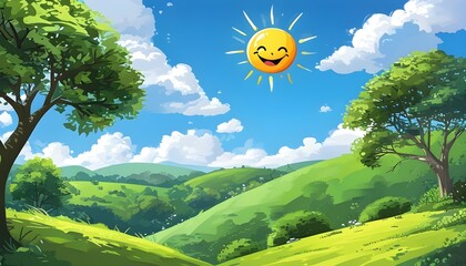 Wall Mural - Joyful cartoon scenery featuring vibrant hills, friendly trees, a beaming sun, and fluffy clouds against a clear blue sky