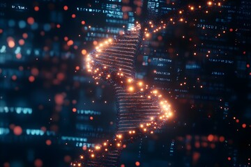 Poster - Abstract DNA Helix with Glowing Particles and Data