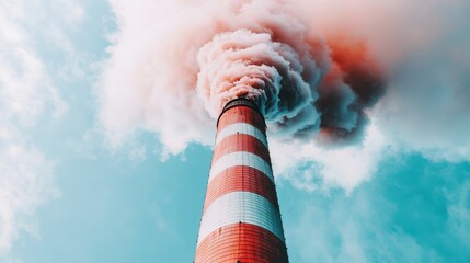 An industrial chimney with red and white stripes releases a heavy cloud of smoke into the air, symbolizing the environmental impact of industries on air quality.