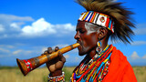 A Man in Traditional African Clothing Plays a Wooden Flute Under a Blue Sky with White Clouds