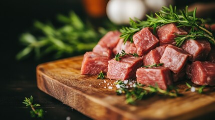 Raw diced meat pieces accompanied by fresh green herbs, meticulously displayed on a wooden cutting board, ready to be cooked into a delicious and flavorful meal.