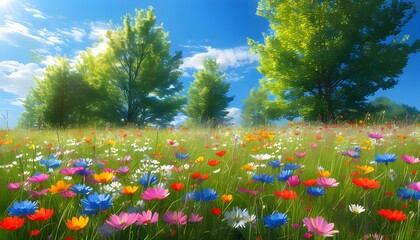 Sticker - Vibrant meadow filled with colorful flowers and lush green trees beneath a bright blue sky, embodying the essence of spring and summer nature.