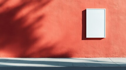 A white rectangular frame positioned against a bright red textured wall, providing a stark contrast and making a bold statement in an urban, outdoor setting.