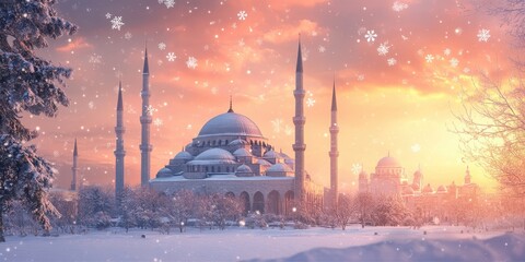 Wall Mural - A serene winter sunset over a mosque surrounded by snow, creating a peaceful atmosphere.