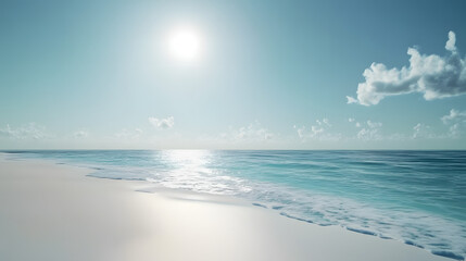 Sticker - A picturesque portrayal of sun glare casting over a pristine ocean meeting a white sand beach, framed by a clear blue sky