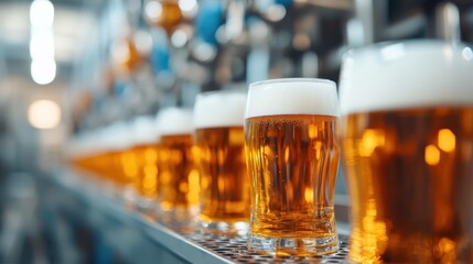 This image shows a close up of a row of glasses with frothy beer lined up on a metal shelving in a brewery, highlighting the rich color and foam of fresh beer.